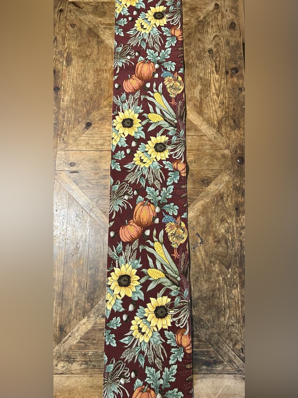 Tapestry Reversible Autumn Sunflower/Rooster/Pumpkin Table Runner - Burgundy/Tan
